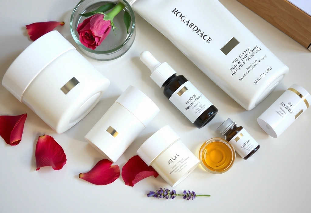 Articolo sulla skincare routine personalizzata, con diversi flaconi di prodotti di bellezza e ingredienti naturali
