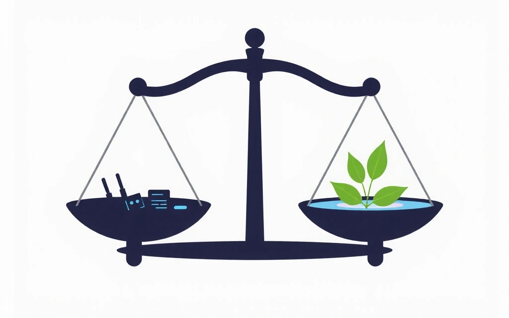 Bilancia della giustizia stilizzata con elementi digitali e naturali, rappresentando l'equilibrio legale e la responsabilità