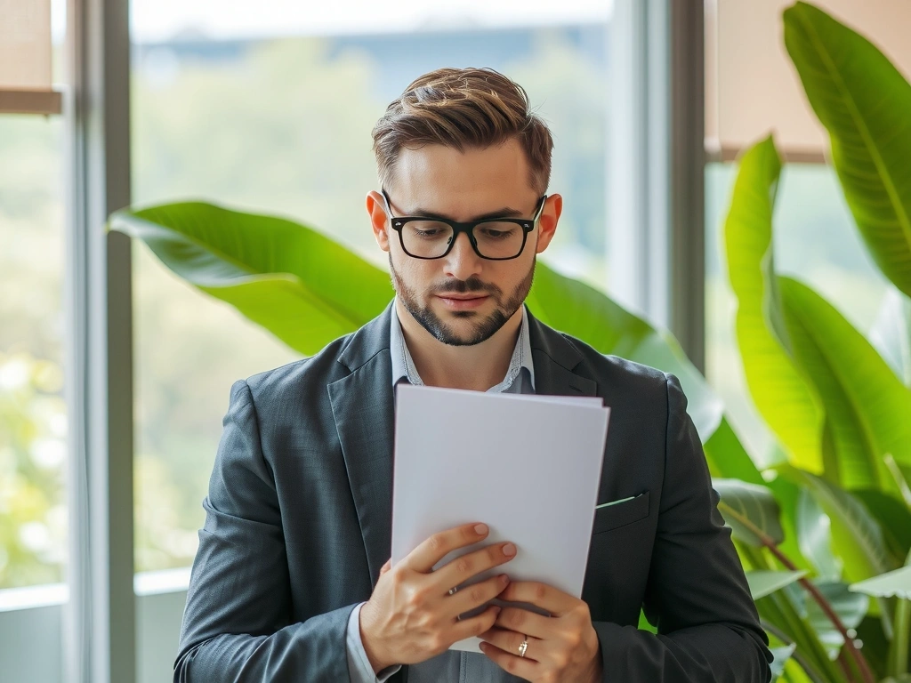 Uomo d'affari che legge un contratto con sfondo di piante e natura